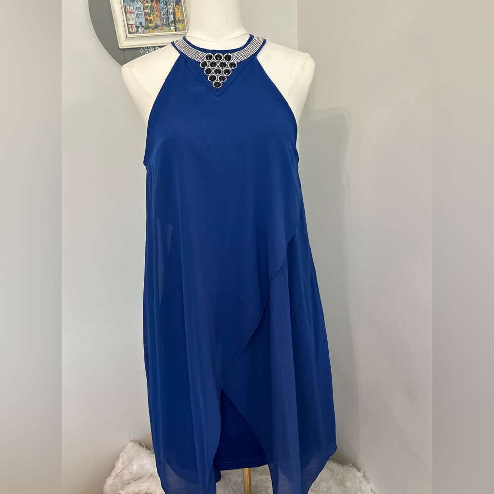 Royal Blue Halter Bodycon Dress Jewel Neckline Chiffon Overlay Size Small